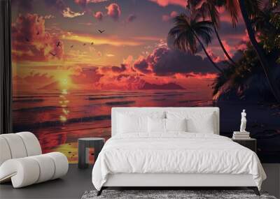 A beautiful sunset over the ocean with a palm tree in the background Wall mural