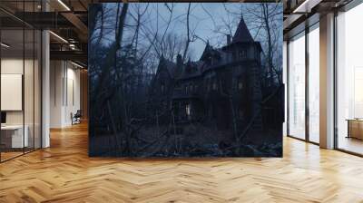 A large, old house with a steeple sits in a forest. The house is surrounded by trees and has a dark, eerie atmosphere Wall mural