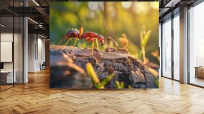 A small black ant is standing on a log in a field Wall mural