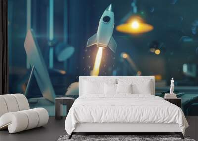 A white rocket is flying through the air and is landing on a laptop Wall mural