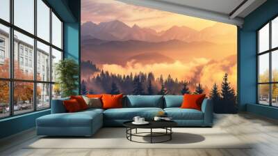 The sun is shining brightly on a mountain range, creating a warm Wall mural