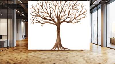 Watercolor vector drawing of silhouette abstract deciduous bare tree with roots Wall mural