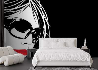 a high contrast illustration of a cute girl wearing sunglasses. Wall mural