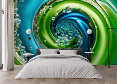 A swirl of green and blue water with bubbles Wall mural