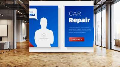 Car mechanic online banner template set, vehicle repair shop corporate advertisement, horizontal ad, technician wanted job campaign webpage, flyer, creative brochure, isolated on background Wall mural