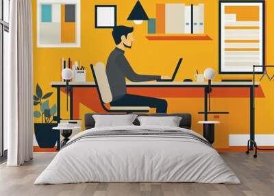 A cartoon illustration of a business man working on a laptop at his office desk Wall mural