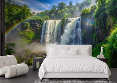 A faint rainbow appearing in the falls' mist, June's vibrant green surroundings, a realistic photo image. Wall mural