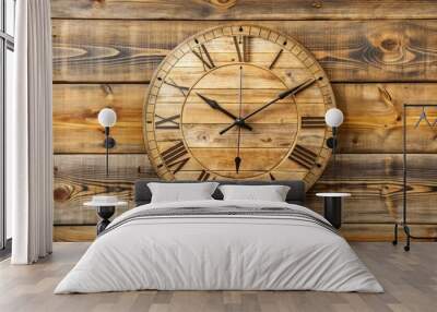 A rustic, distressed wooden wall clock with Roman numerals and a vintage aesthetic, hanging on a natural wood plank background with subtle texture. Wall mural