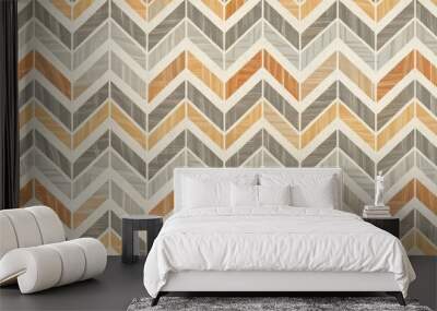 A stylized, hand-drawn design showcasing a repeating pattern of interlocking chevrons in a combination of warm and cool grays on a light beige background Wall mural