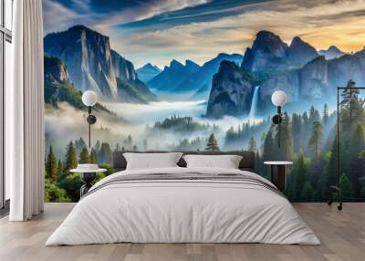 Atmospheric Perspective Showcasing a breathtaking panoramic view of rugged mountain ranges dissolving into a pale blue mist with towering trees and tranquil waterfalls. Wall mural