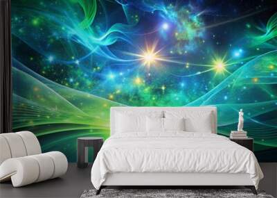 Bright Nebula-Themed Backdrop with Radiant Green and Blue Glowing Lines for Creative Projects Wall mural