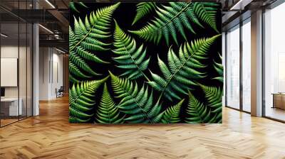 Create an otherworldly pattern of layered dark green ferns with wispy tendrils and serrated edges on a mysterious black background, conjuring an atmosphere of ancient wisdom. Wall mural