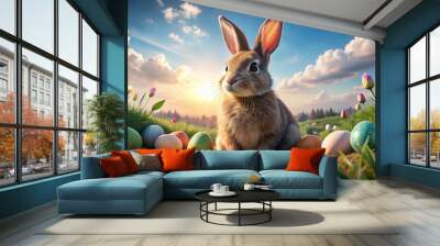 cute bunny sits among colorful Easter eggs and blooming flowers, surrounded by vibrant landscape. scene captures joy and beauty of springtime celebrations Wall mural