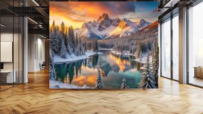 Dawn breaks over the snow-covered mountain pass, painting the landscape with a kaleidoscope of warm hues that accentuate the rugged beauty of towering peaks, frosty forests, and serene alpine lakes. Wall mural