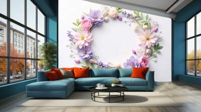 Delicate Floral Wreath with Pastel Pink and Lavender Petals on a White Vector Background Wall mural