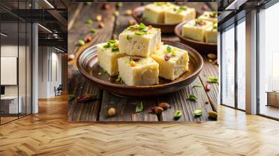 Delicious kalakand dessert squares topped with nuts and herbs, served on wooden plates. This sweet treat is perfect for celebrations and gatherings, offering delightful taste experience Wall mural