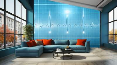 Detailed vector graphic depicting a normal electrocardiogram waveform next to an ECG tracing of Wolff-Parkinson-White Syndrome, set against a light blue backdrop Wall mural