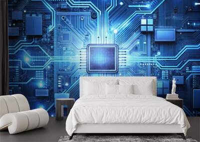 Digital art of electronic circuit board featuring central processor, intricate pathways, and glowing blue elements, conveying sense of advanced technology and innovation Wall mural