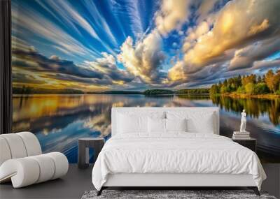 Dramatic clouds streak across sky as morning light dances across calm lake surface Wall mural