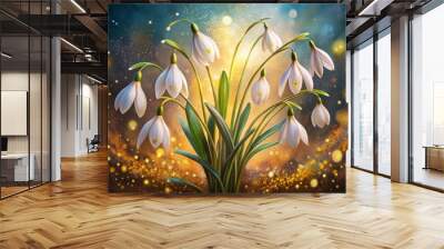 Fantasy ,Elegant and Beautiful Hand Drawn Surrealist Acrylic Painting  Flowers of Galanthus (Galanthus nivalis) , Small Light glowing effect and Gold Leaf effect of  particles Wall mural