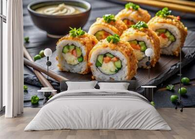 Freshly prepared spicy scallop roll sushi with creamy wasabi sauce and crispy tempura bits, served on a modern black slate plate with chopsticks. Wall mural