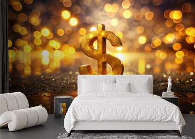 Golden dollar sign stands prominently against backdrop of shimmering bokeh lights, creating sense of wealth and prosperity. warm glow enhances luxurious feel of image Wall mural