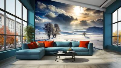 Golden hour paints snowy mountain peaks with vibrant hues, casting long shadows across a frozen wonderland Wall mural