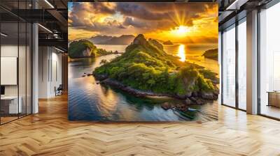 Golden light pours across the island as morning breaks, softening the rugged terrain and illuminating the lush greenery that sprawls towards the shore. Wall mural