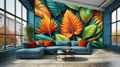 Orange and green color scheme with lush tropical leaves, ideal for emphasizing growth, vitality, and energy in designs Wall mural