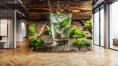 Refreshing glass of sparkling water overflowing with fresh mint leaves, set against rustic wooden background. vibrant green mint adds lively touch to scene Wall mural