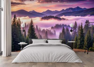 Rolling mountains meet the sky above a solitary road bordered by coniferous trees in misty lavender hues. Wall mural