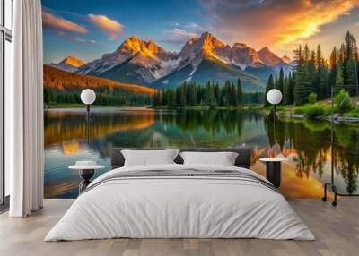 Serene lake nestled in the heart of a majestic mountain range, basks in the warm glow of golden hour, reflecting the vibrant colors and contrasts of the landscape at dawn's break. Wall mural