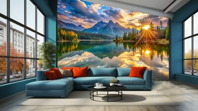 Tranquil lake glistens in the morning light as the sun rises over the mountain peaks casting a kaleidoscope of colors and textures on the water's surface. Wall mural