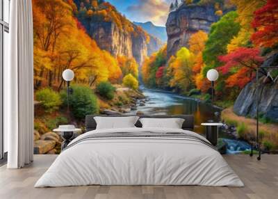 Tranquil river flows smoothly through valley surrounded by mixed deciduous trees with vibrant autumn colors and rocky cliffs under soft morning light. Wall mural