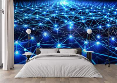 vibrant 3D matrix pattern of interconnected nodes and pathways creates mesmerizing visual effect, showcasing network of glowing blue lights. intricate design evokes sense of depth and connectivity Wall mural