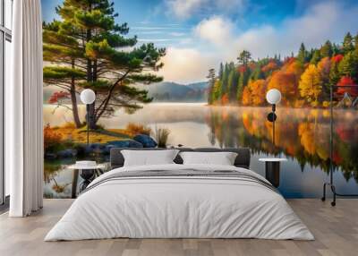 vibrant autumnal colors rustic pine tree lakeshore morning fog serenity fishing Wall mural