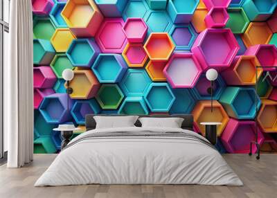 Vibrant hexagonal shapes create stunning three dimensional honeycomb structure, showcasing blend of colors including pink, blue, and yellow. This dynamic design evokes sense of creativity and energy Wall mural