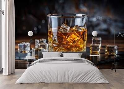 whiskey on rocks in crystal tumbler, surrounded by ice cubes, creates sophisticated and inviting atmosphere. rich amber color of whiskey contrasts beautifully with clear ice, making it perfect choice Wall mural