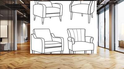 Set of modern armchairs, sofas, interior homes, or office furniture. Hand-drawn vector illustration isolated on a white background. Wall mural