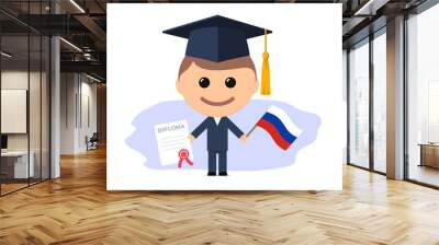 Cartoon graduate with graduation cap holds diploma and flag of Russia Wall mural