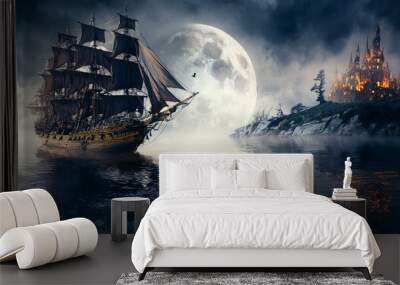 galeón pirata de 1750 con velas negras y cañones dorados en una noche de luna llena y niebla Wall mural