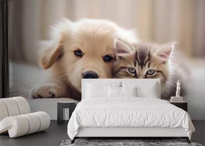 Adorable puppy and kitten lying together in a loving embrace, generative ai Wall mural