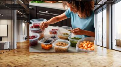 Batch Cooking Meal Prep Woman Packing Food in Tupperware for Organized Week, Generative AI Wall mural