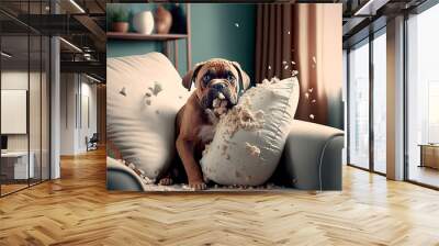 bored young dog destroying cushions on sofa, generative ai Wall mural