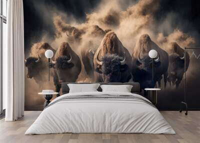 buffaloes running with dust. stampede concept. generative ai Wall mural