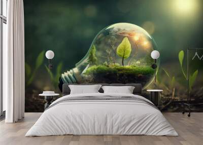 light bulb in nature with leaf inside. Ecology and environmental protection. green energy and renewable. Sustainable resources. generative ai Wall mural