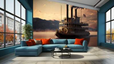 old steamboat with smoke in river. generative ai Wall mural