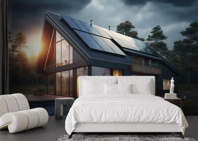 photovoltaic solar panels in modern house roof. Alternative and Renewable energy concept. generative ai Wall mural