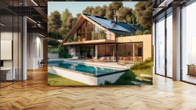 photovoltaic solar panels in modern house roof. Alternative and Renewable energy concept. generative ai Wall mural