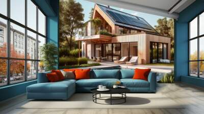 photovoltaic solar panels in modern house roof. Alternative and Renewable energy concept. generative ai Wall mural